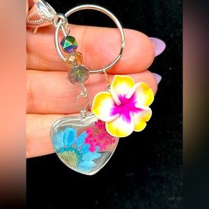Dried flower and polymer clay hibiscus keychain purse bling